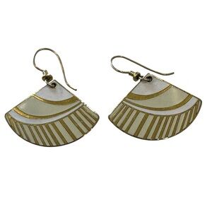 Vintage Laurel Burch Fan Earrings Madrid White Enamel Gold Tone